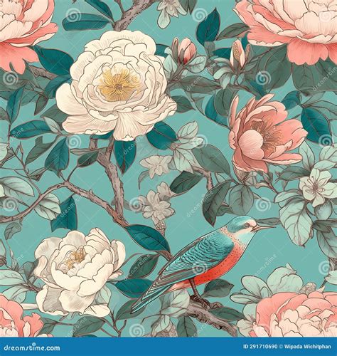 Chinoiserie Style Classic Blue Camellia with Bird Seamless Pattern