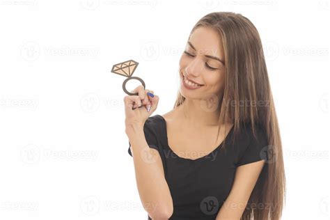 Woman holding engagement ring and sign saying YES 17011039 Stock Photo ...