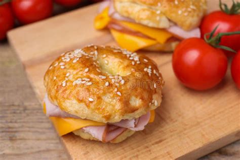 delicious bagels  ham  cheese  table closeup stock image