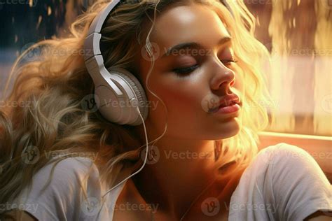 Beautiful young woman with headphones listening to music. Portrait of a ...