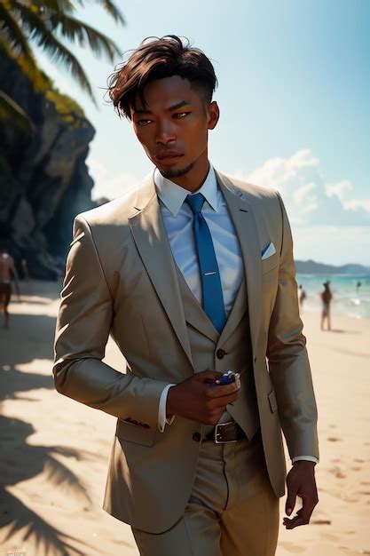 Premium AI Image | A man in a tan suit and blue tie stands on a beach.