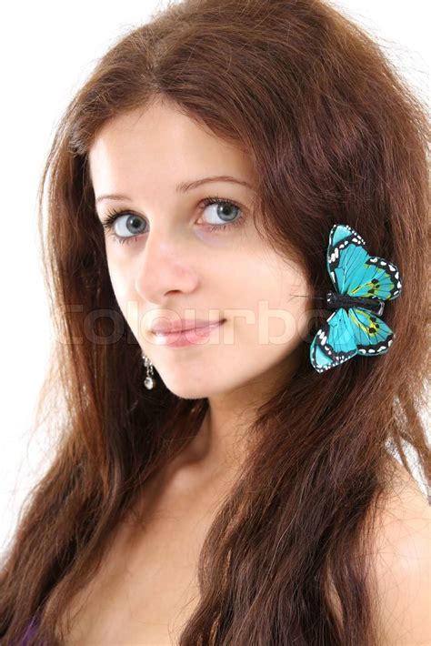 schönes Mädchen mit Schmetterling im Haar | Stock Bild | Colourbox