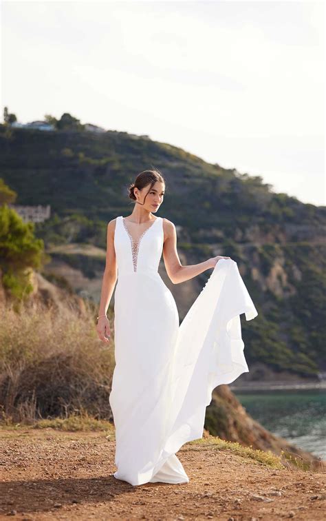 Simple Sleeveless Crepe Wedding Dress with Deep V-Neckline