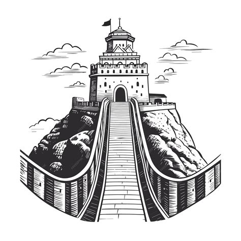 Premium Vector | The great wall of china black and white illustration