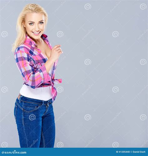 Beautiful Shapely Busty Blond Woman Stock Photo - Image of pants, cute
