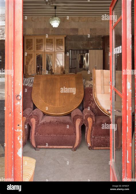 Furniture shop in Dilijan Armenia, massive armchairs, tables and ...