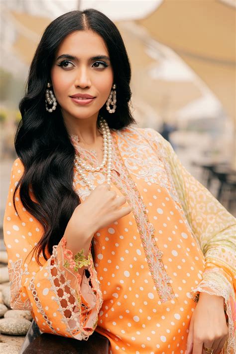 Charizma Swiss Miss Orange Embroidered Swiss Voile Lawn Suit - CSM5-07