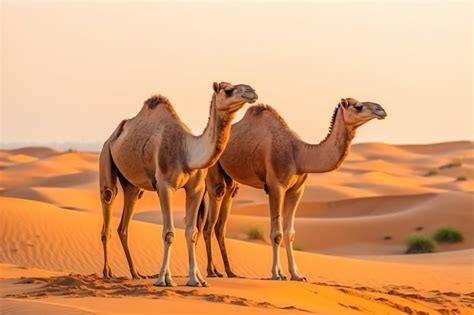 Two camels standing in the desert with sand dunes | Premium AI ...