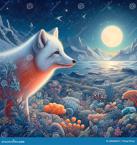 A Majestic Arctic Fox in Bold Painting, with Midnight Sun, Summer