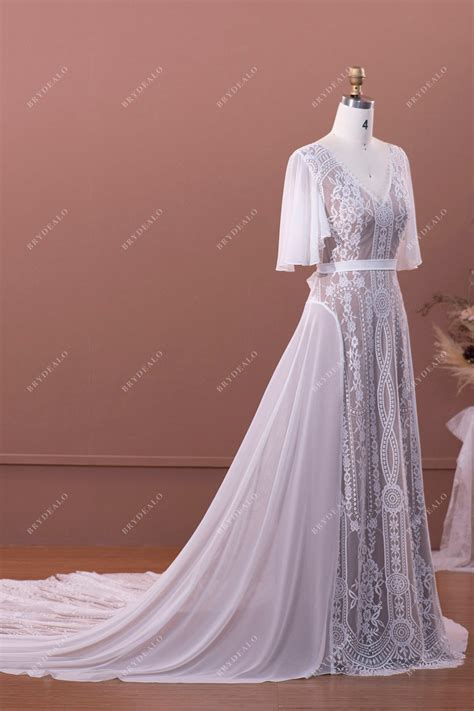 Flutter Sleeve Lace Chiffon Boho A-line Summer Wedding Dress – DesignFormal