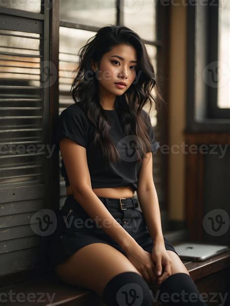 AI generated Beautiful Asian Girl seated by a window, wearing a black