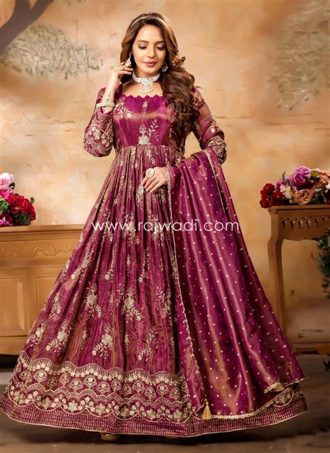 silk fabric wine trendy embroidered anarkali  dupatta