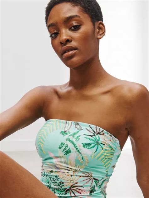 John Lewis Family Print Smooth Bandeau Swimsuit, Turquoise, 8