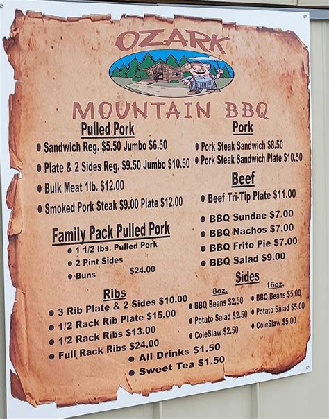 Menu at Ozark Mountain BBQ, Mountain Home