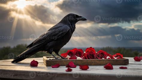 A raven stands beside a tray of red roses, illuminated by dramatic