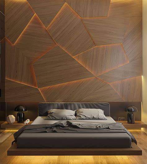 bedroom   geometric  lit wood accent wall