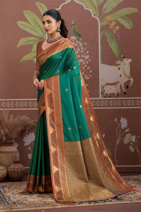 emerald green silk woven  zari work ready  wear saree