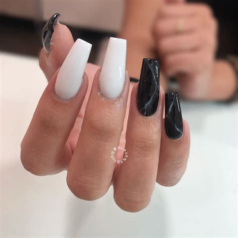 Long White And Black Coffin Nails Black Marble Nail Designs