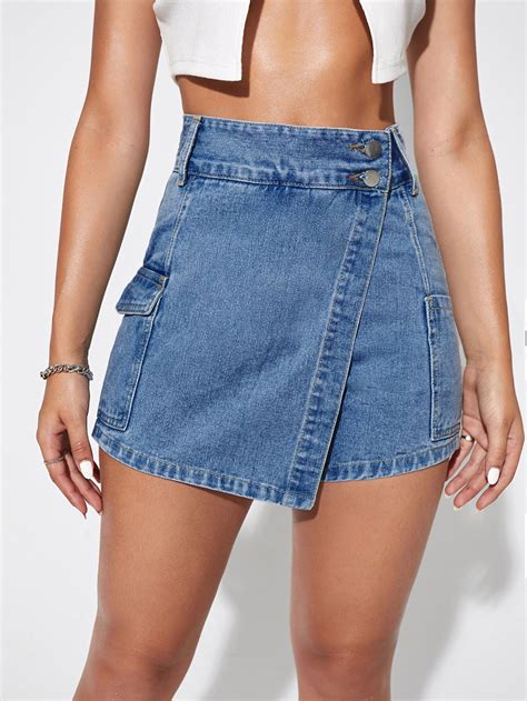 Flap Pocket Denim Skorts Without Belt | Denim fashion, Denim women, Skort