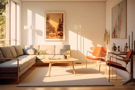 Premium AI Image | A living room with a sofa and a picture of a ship on ...