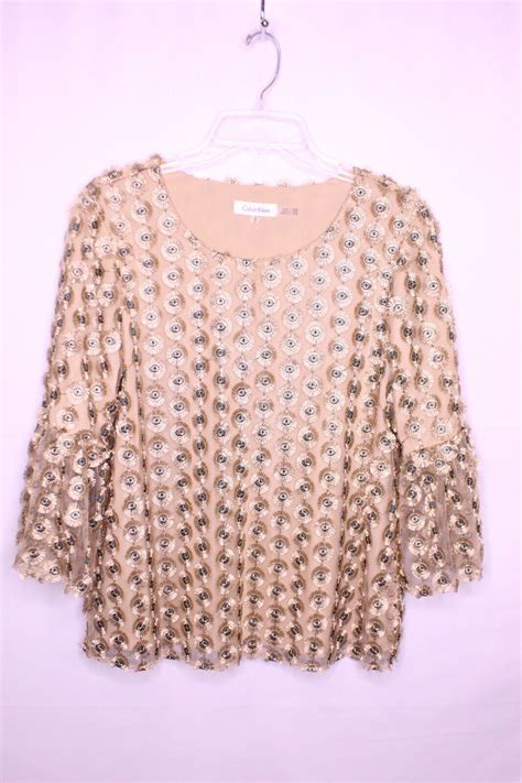 CALVIN KLEIN GREEN/GOLD SHEER GEO PATTERN LINED 3/4 S… - Gem