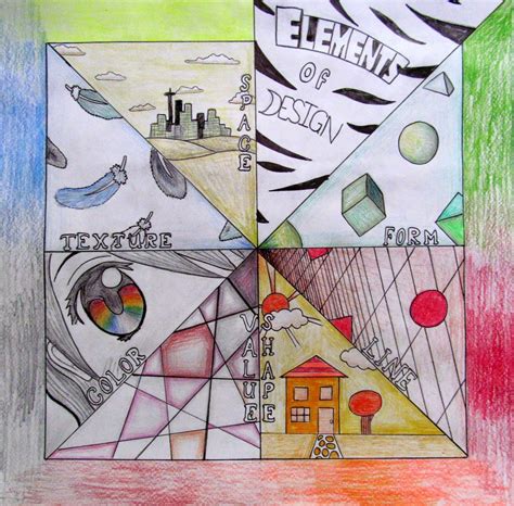 a drawing with different colors and shapes on it's side, including the ...