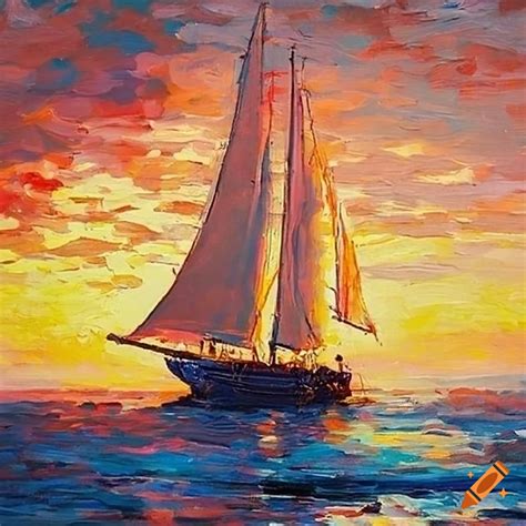 Impressionist painting of a sailboat at sunset on the waves on Craiyon