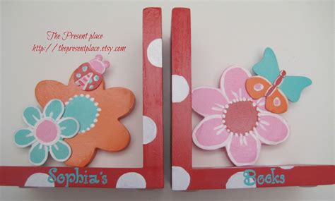 Personalized Bookends,girls Bookends,flower Bookends,polka Dots ...