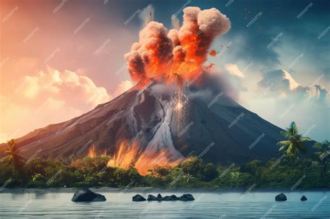 Premium AI Image | A volcano with a cloud of smoke and a cloudy sky