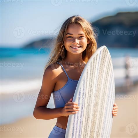 Young teenager girl in swimsuit holding supboard on the beach. 24210186