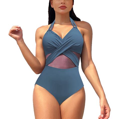 STETMN Women Swimsuit One Piece Bathing Suit Deep V Neck Back Tie Mesh