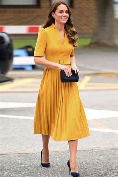 Yellow Kate Middleton Inspired Pleated Short Sleeves Midi Dress ...