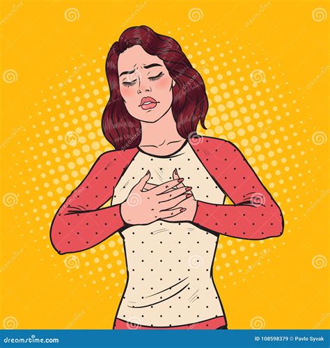 Pop Art Sad Frustrated Woman Having Heart Ache with Hands on Her Chest