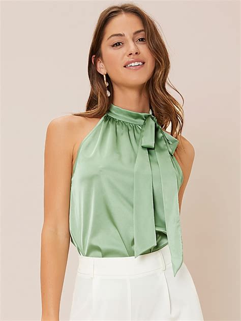 tie neck halter top   light green blouse tops outfits