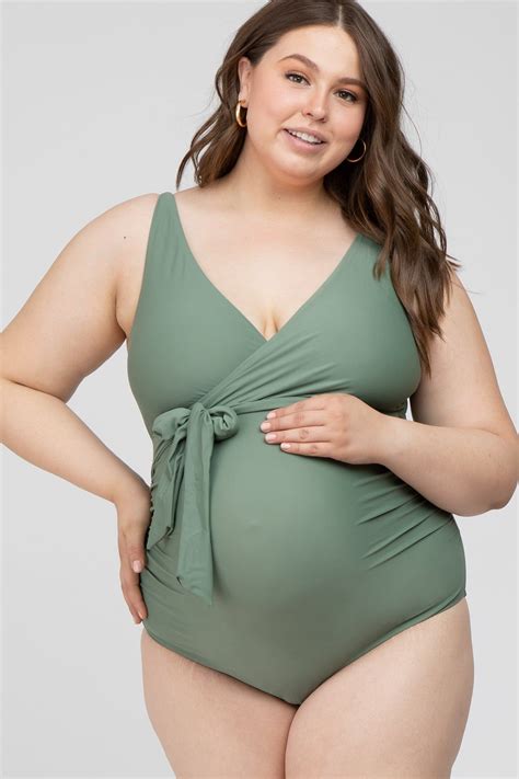Olive Waist Tie Maternity Plus One-Piece Swimsuit | Maternity swimsuit