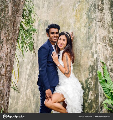 Engaged Interracial Couple Indian Man Chinese Woman Pose Wedding