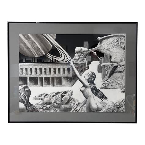 Framed Black and White Original Sketch Neptune and Nude Maiden, Sci-Fi