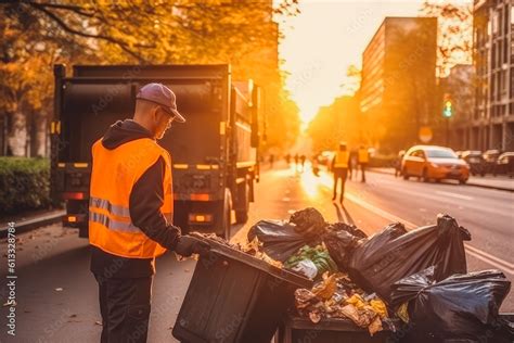 garbage worker collecting trash  urban suburb cleaning  streets