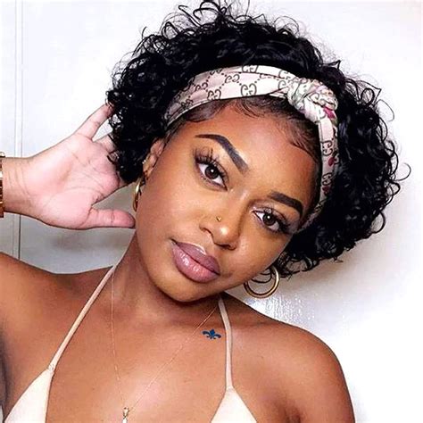 FENGDE 8 inch Pixie Cut Headband Wigs Glueless Curly Bob Short Curly ...
