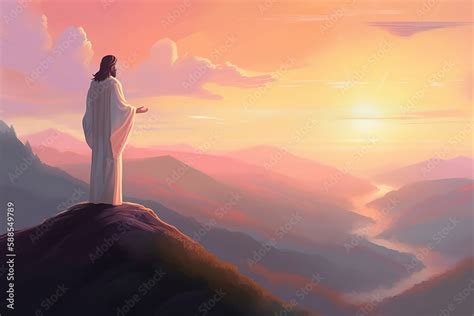 Jesus Christ in the sunset standing on the mountaintop, praying to God ...