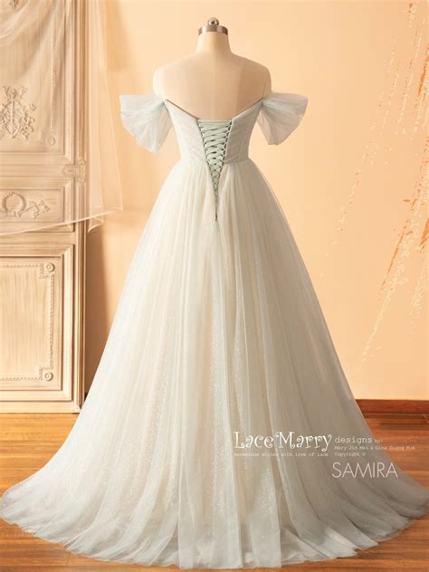 SAMIRA / Light Green Wedding Dress with Off Shoulder Straps - LaceMarry