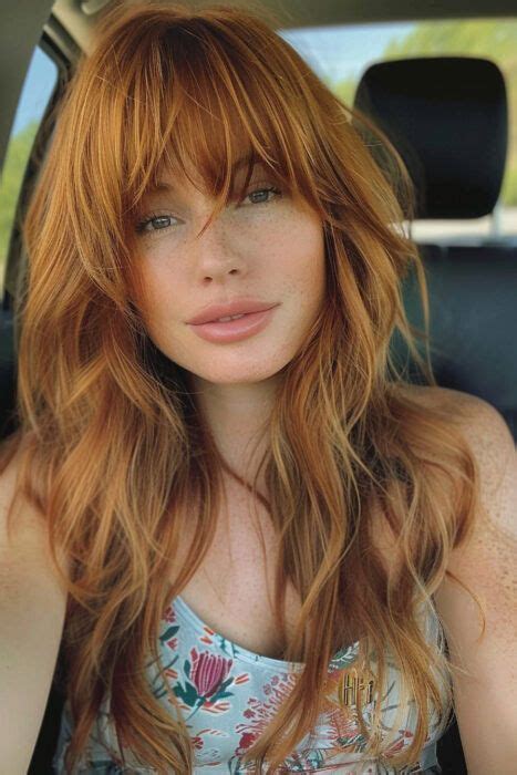 Woman with long copper hair and bangs. in 2024 | Hair cuts, Red hair ...