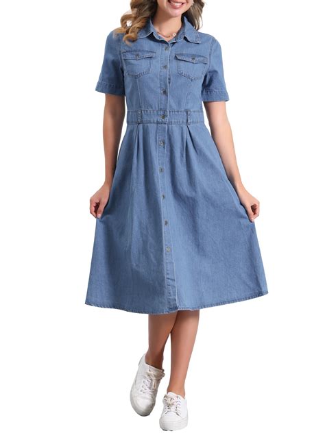 inspire chic womens denim dress short sleeves turndown collar