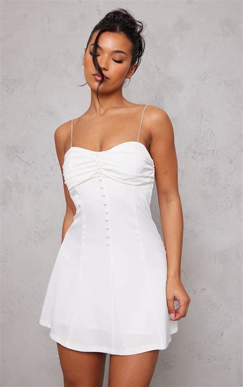 White Satin Diamante Strap Button Bodycon Dress | Dresses ...