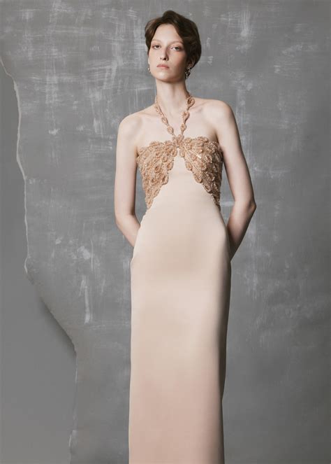 Beige Halter Neck Double-Satin Gown with Crystal Evening Dress - Phan