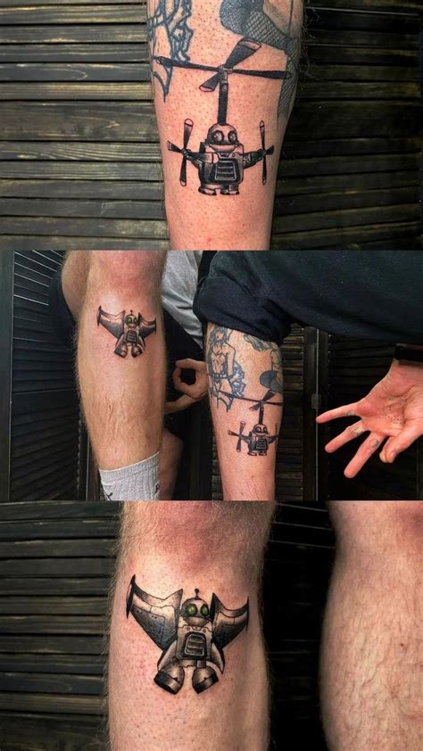 three men with different tattoos on their legs