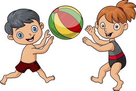 Premium Vector | Cute little girl and boy playing beach ball