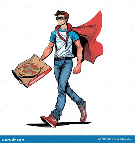 Super Hero Delivering Pizza. the Guy in the Red Coat Carries Pizza To