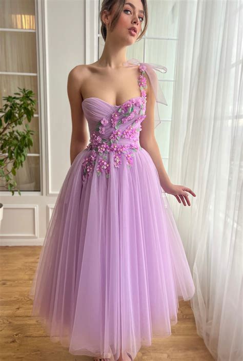 purple petals dress purple midi dress  prom lavender tea length
