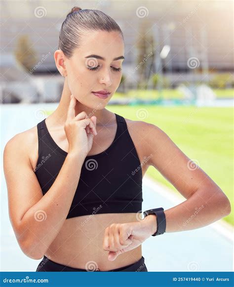 Fitness Woman, Smartwatch and Checking Pulse after Exercise, Workout or